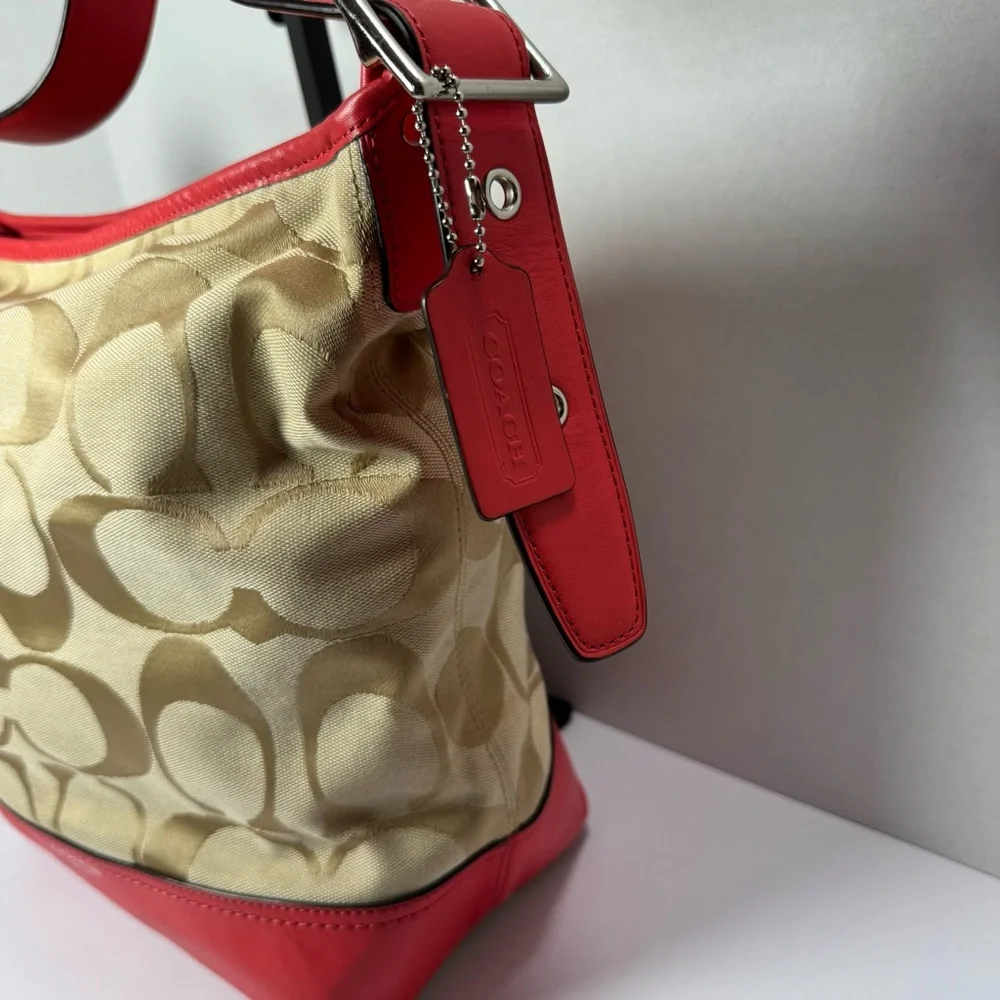 COACH Legacy Signature Hobo Duffel Bag in Khaki and Fuchsia Leather‎ Crossbody